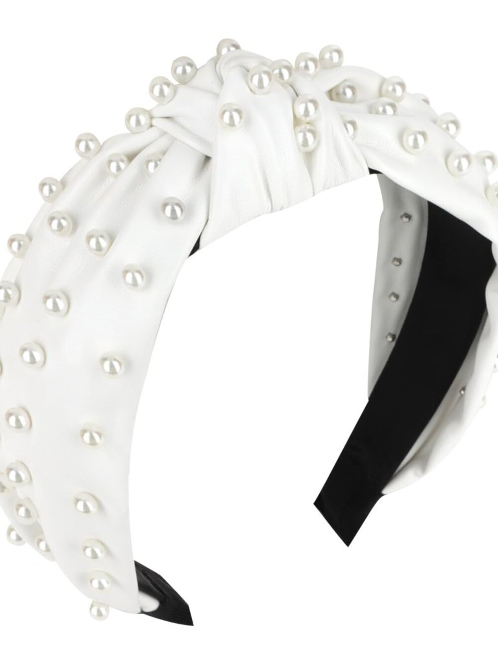 Pearl Embellished Knotted Headband for Women & Girls - Wide Faux Leather White H